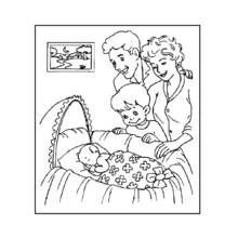 Coloriage Famille regardant un bébé nouveau-né dans son couffin