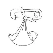 Coloriage Bébé emmailloté suspendu à une épingle à nourrice