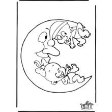 Coloriage Deux bébés jouant sur une lune croissant