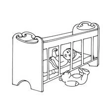 Coloriage Naissance : bébé couché dans un berceau avec son ourson