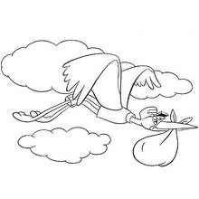 Coloriage Cigogne volant avec un baluchon de bébé