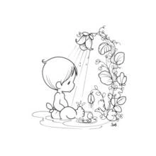 Coloriage Bébé jouant sous une douche de fleur