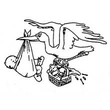 Coloriage Naissance : cigogne transportant un bébé