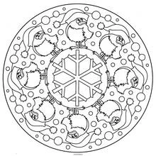 Coloriage Mandala d'oiseaux de Noël autour d'un flocon