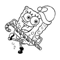 Coloriage SpongeBob tenant une canne en bonbon avec un bonnet de Noël