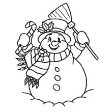 Coloriage Bonhomme de neige avec une canne en sucre et un balai