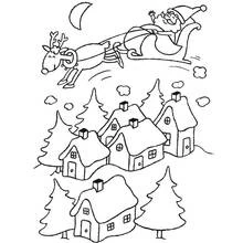 Coloriage Traîneau du Père Noël survolant un village enneigé