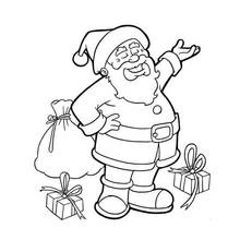 Coloriage Père Noël qui salue avec son sac de cadeaux