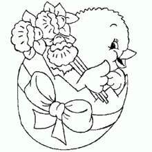 Coloriage Poussin assis dans un œuf avec des fleurs et un ruban