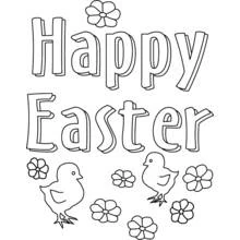 Coloriage Happy Easter en lettres décorées avec poussins et fleurs