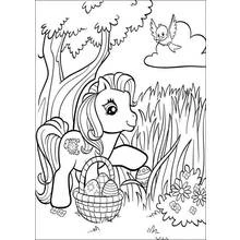 Coloriage Petit Poney avec panier de Pâques