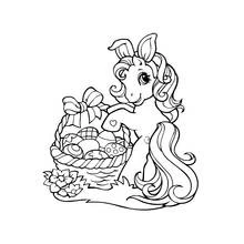 Coloriage Petit poney avec panier d'œufs de Pâques