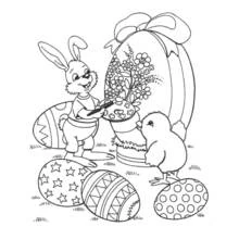 Coloriage Lapin de Pâques peignant un œuf géant avec un poussin