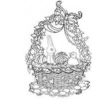 Coloriage Panier de Pâques avec lapin, poussin et œufs