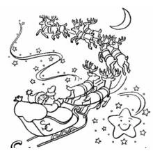 Coloriage Père Noël volant en traîneau parmi les étoiles