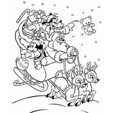 Coloriage Père Noël conduisant un traîneau avec Mickey et Dingo