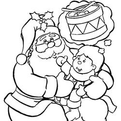 Coloriage Père Noël tenant un enfant avec un tambour dans une bulle