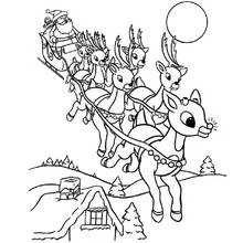 Coloriage Père Noël volant avec son traîneau et ses rennes