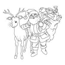 Coloriage Père Noël marchant avec un renne et un sac de cadeaux