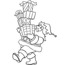 Coloriage Père Noël portant une pile de cadeaux