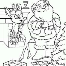 Coloriage Père Noël décorant le sapin avec Rudolph
