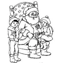Coloriage Père Noël assis avec deux enfants