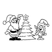 Coloriage Père Noël décorant le sapin avec un enfant