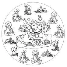 Coloriage Père Noël en mandala avec rennes et bougies