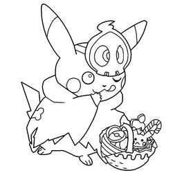 Coloriage Pikachu déguisé pour Halloween avec un panier de bonbons