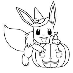 Coloriage Évoli portant un chapeau de sorcière près d’une citrouille d’Halloween