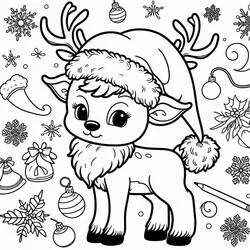 Coloriage Renne de Noël portant un bonnet de Père Noël