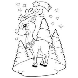 Coloriage Renne de Noël souriant dans une forêt enneigée