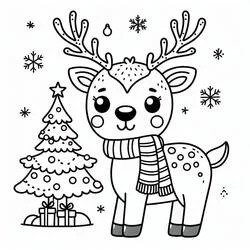 Coloriage Renne de Noël avec une écharpe près d'un sapin