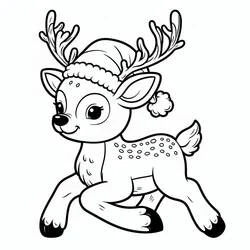 Coloriage Renne de Noël qui court avec un bonnet