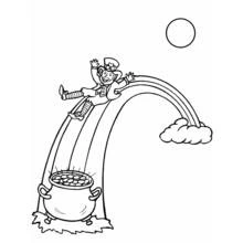 Coloriage Lutin glissant sur un arc-en-ciel vers un chaudron d'or