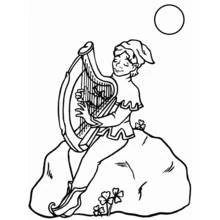 Coloriage Lutin jouant de la harpe sur un rocher