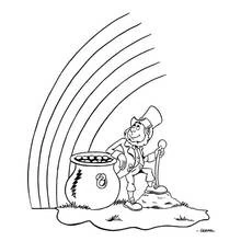 Coloriage Lutin appuyé sur un chaudron d'or sous un arc-en-ciel