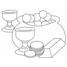 Coloriage Chaudron de pièces d'or avec calices et trésor