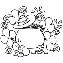 Coloriage Chaudron d'or avec chapeau et trèfles