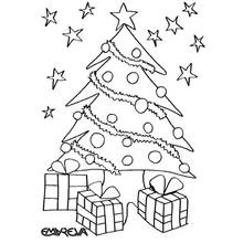 Coloriage Sapin de Noël avec cadeaux et étoiles