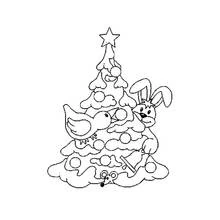 Coloriage Sapin de Noël avec un lapin et un oiseau