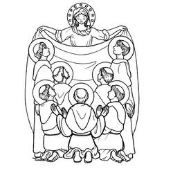 Coloriage Vierge Marie protégeant les saints sous son manteau