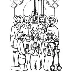 Coloriage Groupe de saints réunis en prière