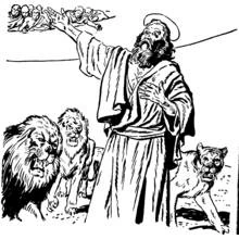 Coloriage Saint entouré de lions face à une foule