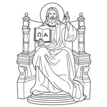 Coloriage Christ trônant tenant le livre Alpha et Oméga