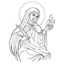 Coloriage Sainte Thérèse d'Avila avec une flamme et une plume