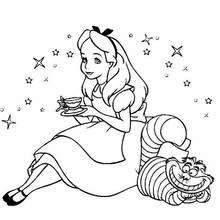 Coloriage Alice boit le thé avec le Chat du Cheshire