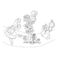 Coloriage Alice perdue devant le poteau indicateur avec le Chat du Cheshire