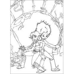 Coloriage Princesse Sélénia et Arthur dos à dos en position de combat