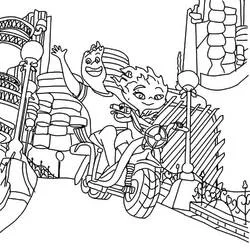 Coloriage Personnage de feu en scooter dans la ville de feu